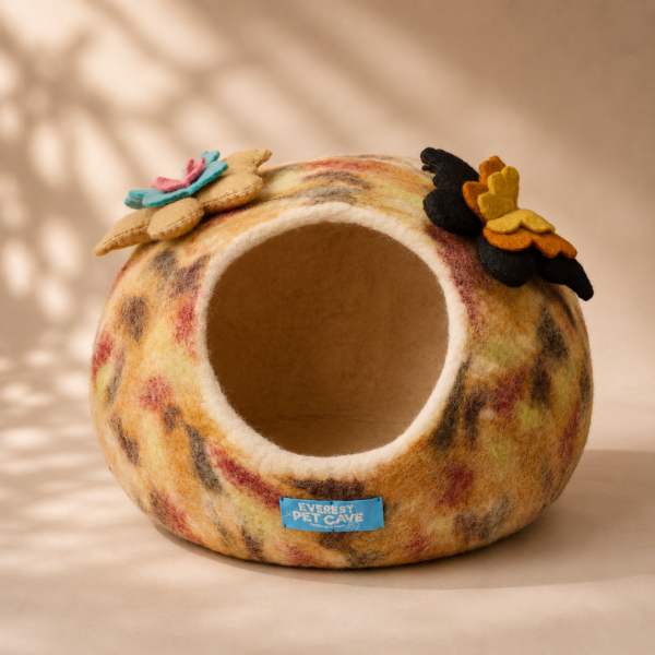 Everest® Cat Cave & Bed - Orange Hue Butterflies - 100% Wool