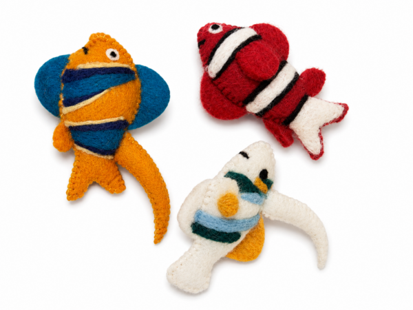 Cat Fish Toy, Set of 3: Bells inside, 100% Wool