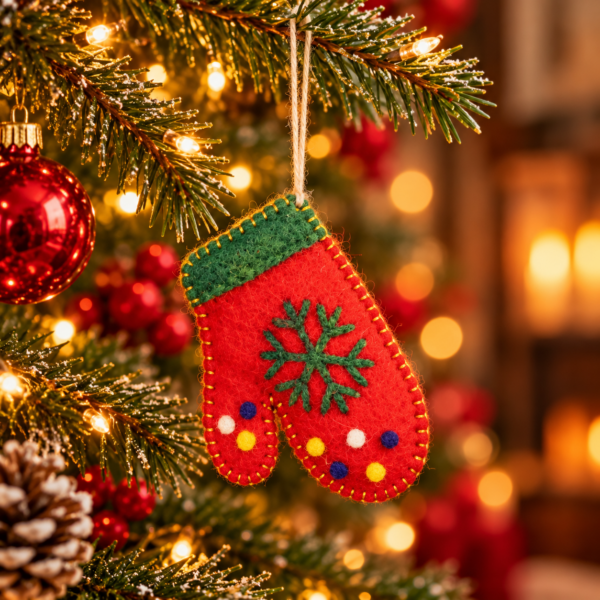 Red Mitten Hanging Ornament - 100% Wool