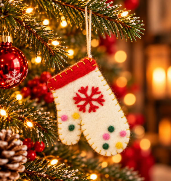 White Mitten Hanging Ornament - 100% Wool