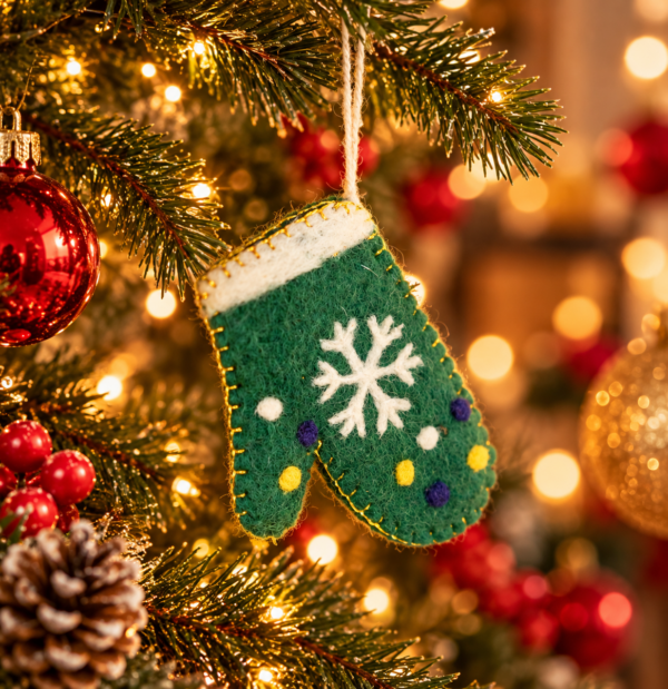 Green Mitten Hanging Ornament - 100% Wool