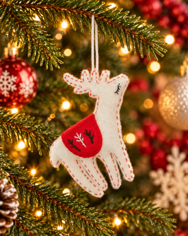 Reindeer Red Hanging Ornament - 100% Wool, Handmade