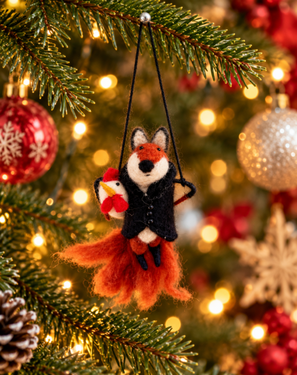 Fox with Hen Hanging Ornament - 100% Wool, Handmade