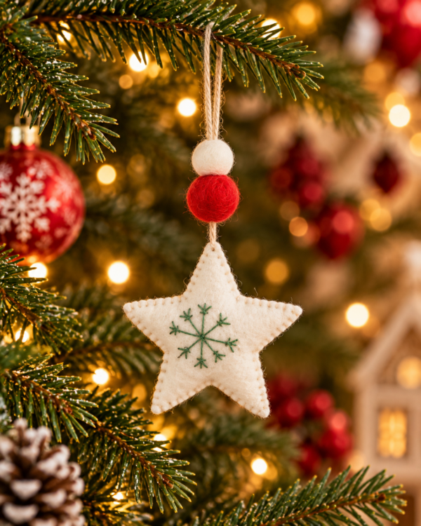 White Star Hanging Ornament - 100% Wool, Handmade