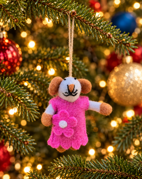 Mouse Pink Dress Hanging Ornament - 100% Wool, Handmade