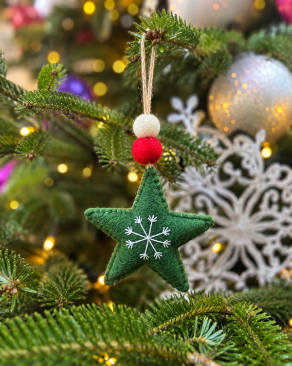 Green Star Hanging Ornament - 100% Wool, Handmade