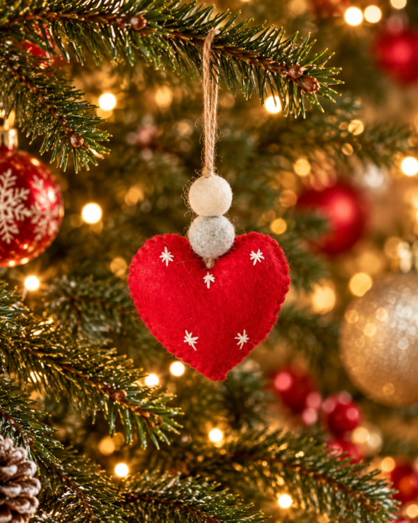 Red Heart Hanging Ornament - 100% Wool, Handmade