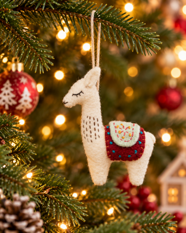 White Llama Hanging Ornament - 100% Wool, Handmade
